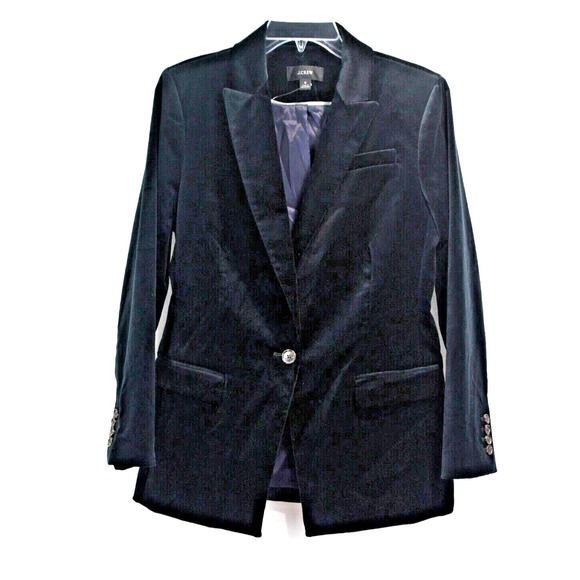 J. Crew Jackets & Blazers - J Crew Velvet Blazer size 8 Midnight Blue Lined Faux Pockets Single Breasted